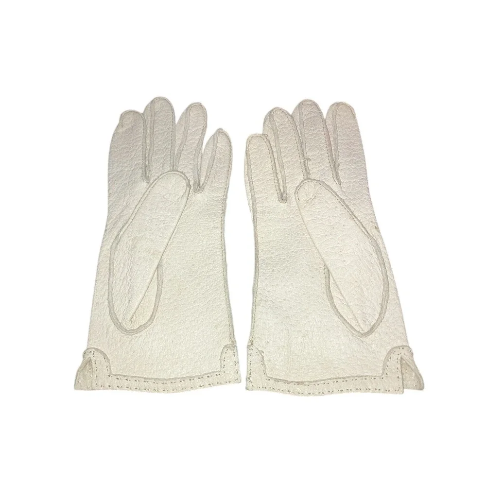 Ben Berger Vintage Off White Pebbled‎ Leather Mid Length Gloves, Cream Textured